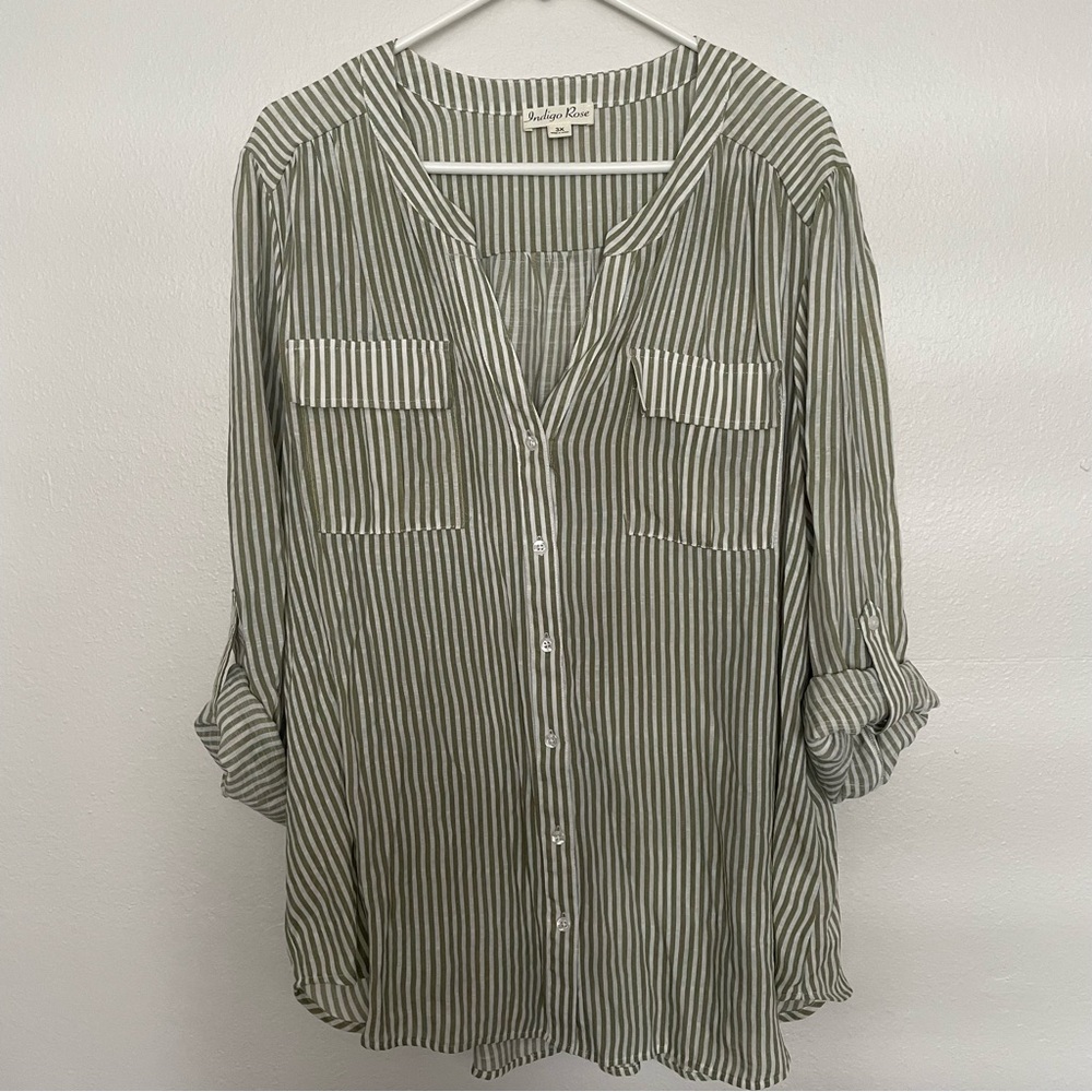 Indigo Rose Long Sleeve Button Up Shirt Women’s Plus 3X Green Striped Roll Tab
